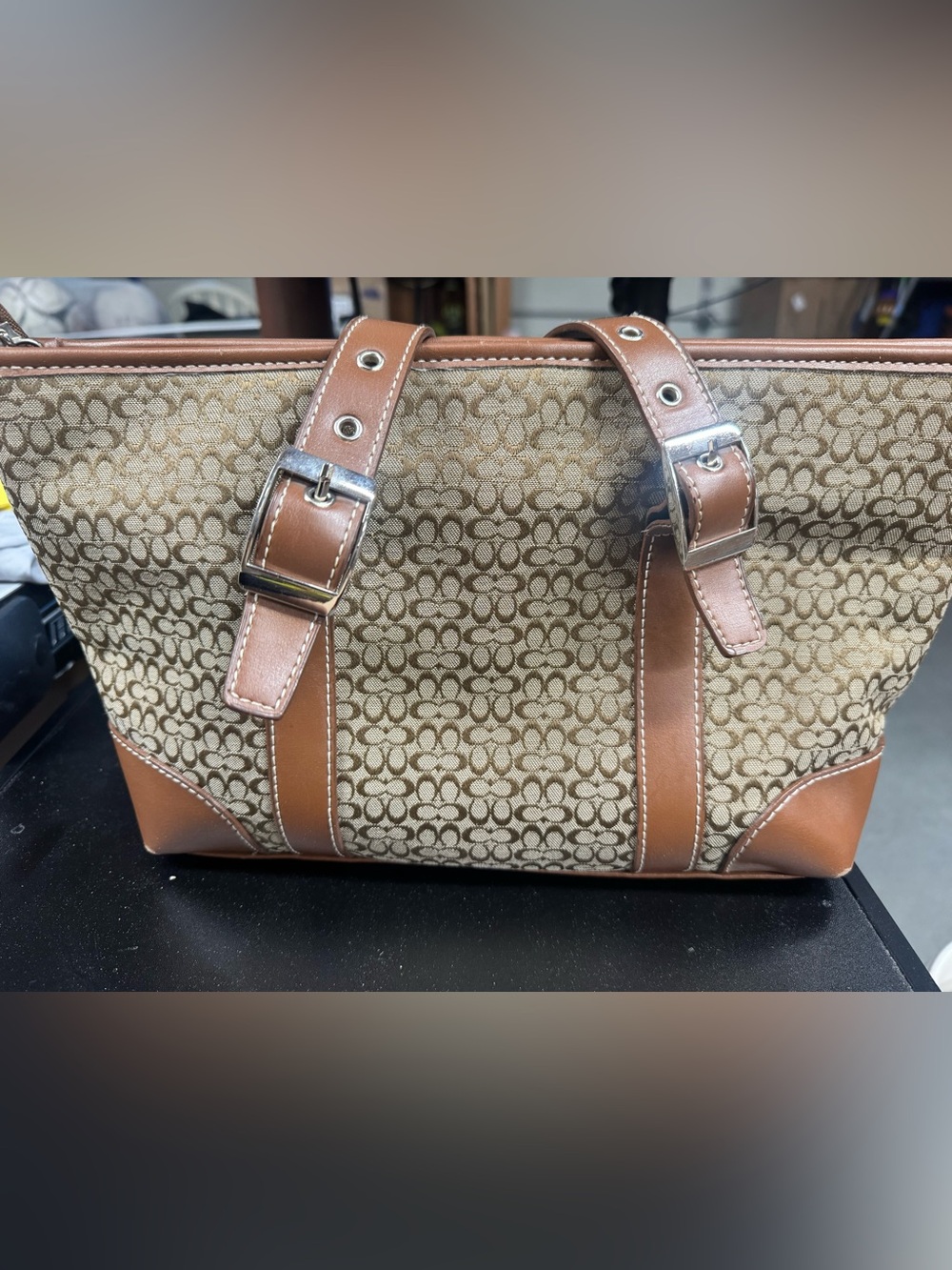Coach Signature Tote with Leather Trim